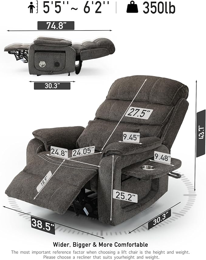 Large Power Lift Lazy Boy Recliner Chair with Heated and Massage, Upgraded Dual Motor Lay Flat Recliners, 25in Extra Wide Seat, Cup Holder, Side Pocket