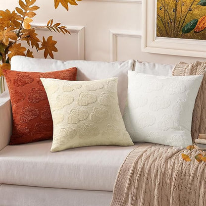 decorUhome Decorative Two Cream White Pumpkins Thanksgiving Throw Pillow Covers 12x20 Set of 2, Soft Chenille Jacquard Farmhouse Textured Pillow Covers for Couch Sofa Autumn Harvest Halloween Holiday