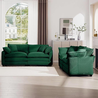 mikibama Luxury 2 Piece Sofa Set, Loveseat Couch & Sofa Armchair Set, Modern Corduroy Comfy Cloud Couches Set for Living Room Office with 2 Armrest Pillows and 3 Toss Pillows, Green