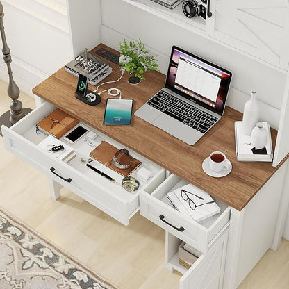 Farmhouse 47" Executive Computer Desk with 2 Drawers and Storage Cabinet, Home Office Desk with Hutch and Charging Station, Workspace for Work and Study (White&Brown).