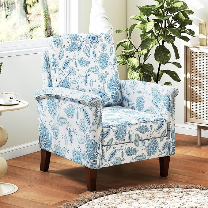 GOFLAME Floral Accent Chair, Comfy Upholstered Armchair with Rubber Wood Legs and Thick Padded Cushion, High Back Single Sofa Chair, Reading Side Chair for Living Room, Bedroom, Blue