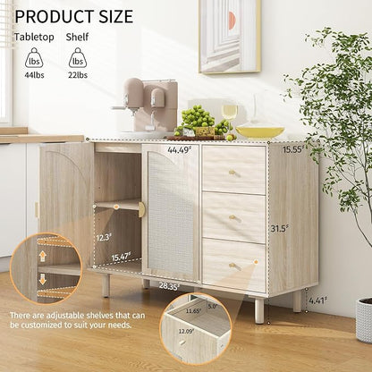 Beige Sideboard Cabinet with 2 Rattan Doors and 3 Drawers, Rattan Buffet Cabinet with Adjustable Shelves & Pine Legs, Boho Sideboard Buffet for Living Room, Kitchen, Entryway, Beige