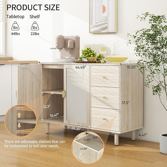 Beige 2 Door 3 Drawer Rattan Cabinet, Accent Storage Cabinets with Cane Door, Stylish Boho Buffet Table with Storage,Black Rattan Cabinet Wood Credenza for Dining Room,Bathroom,Study,Kitchen