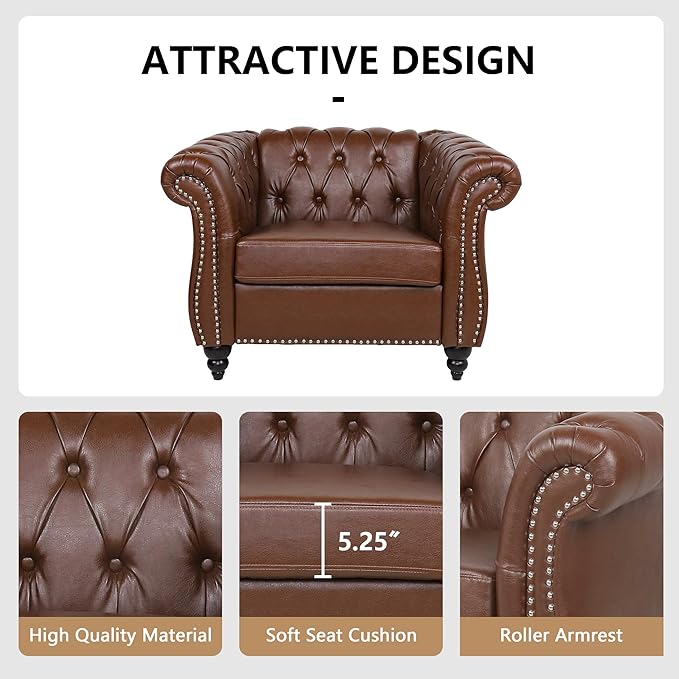 Accent Sofa Chair for Living Room, Modern PU Leather Upholstered Armchair, Oversized Comfy Single Sofa Chair with Cushion, Mid Century Tufted Chesterfield Sofa Couch for Bedroom, Apartment (Brown)