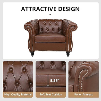 Accent Sofa Chair for Living Room, Modern PU Leather Upholstered Armchair, Oversized Comfy Single Sofa Chair with Cushion, Mid Century Tufted Chesterfield Sofa Couch for Bedroom, Apartment (Brown)
