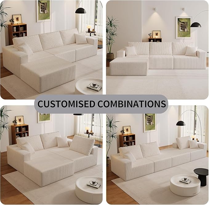 110" Boneless Cloud Sectional Couch for Living Room, Compressed Modular L-Shaped Sofa with Deep Seat, Frameless Corduroy Couch in Boxes, No Assembly Required 3-Seater (Right-Facing Chaise, Beige)
