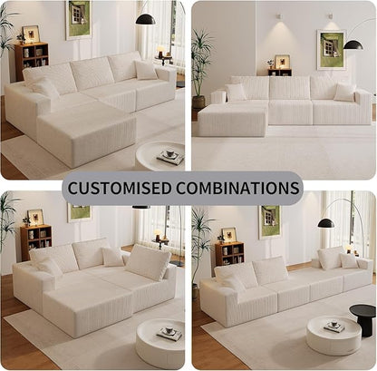 110" Boneless Cloud Sectional Couch for Living Room, Compressed Modular L-Shaped Sofa with Deep Seat, Frameless Corduroy Couch in Boxes, No Assembly Required 3-Seater (Right-Facing Chaise, Beige)