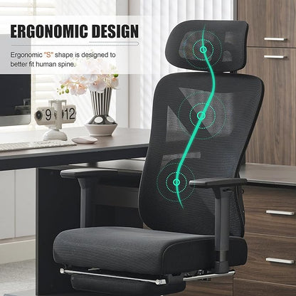 Okeysen High Back Ergonomic Mesh Office Chair, Reclining Computer Desk Chair with Footrest, 2D Adjustable Headrest & 3D Arms, Breathable Back and Lumbar Support for Home Office
