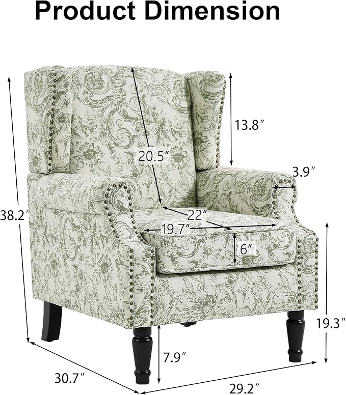Pia Ricco Set of 2 Floral Accent Chairs, High Back Upholstered Armchairs with Retro Wingback Design, Nailhead Trim & Solid Wood Legs for Living Room Bedroom(Plants Green)