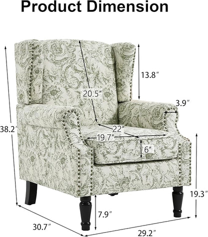 Pia Ricco Set of 2 Floral Accent Chairs, High Back Upholstered Armchairs with Retro Wingback Design, Nailhead Trim & Solid Wood Legs for Living Room Bedroom(Plants Green)