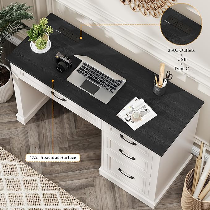 Farmhouse 47" Executive Desk, Computer Desk with Drawers and File Drawer, Workstation Computer Desk with Charging Station for Home Office, Study,Black.