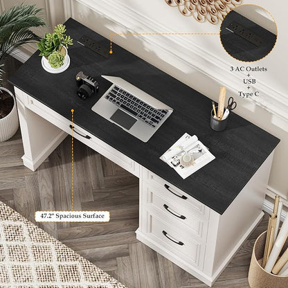 Farmhouse 47" Executive Desk, Computer Desk with Drawers and File Drawer, Workstation Computer Desk with Charging Station for Home Office, Study (Black)