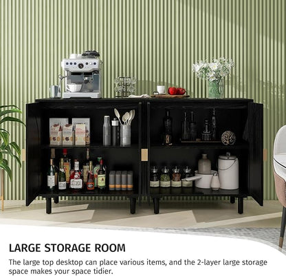 Black Sideboard Cabinet with 2 Rattan Doors, Rattan Buffet Cabinet with Adjustable Shelves & Pine Legs, Boho Sideboard Buffet for Living Room, Kitchen, Entryway (Black,2 PCS)
