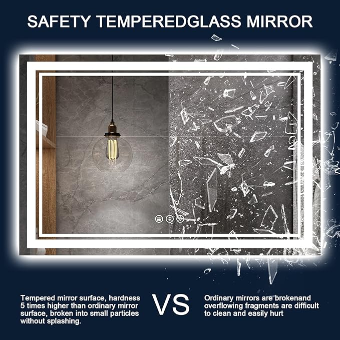 60x30 Inch LED Bathroom Mirror with Lights, Backlit and Front Lighted Bathroom Mirrors for Wall, Anti-Fog Dimmable Memory Shatterproof LED Vanity Mirror for Bathroom
