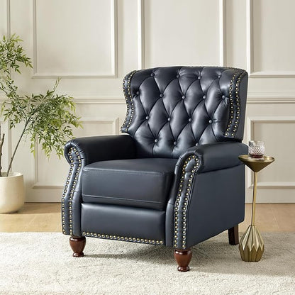 HULALA HOME Genuine Leather Recliner Chair Set of 2 w/Solid Wood Feet, Modern Adjustable Tufted Push Back Arm Chair w/Rivet Decoration, Home Theater Seating Reclining Sofa for Living Room, Navy