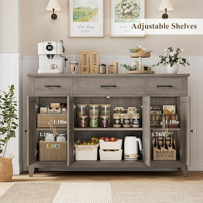 HORSTORS 55" Buffet Cabinet, Modern Farmhouse Sideboard Buffet with Drawers, Large Kitchen Storage Cabinet with Adjustable Shelves, Wood Coffee Bar for Kitchen, Dining Room, Living Room, Grey