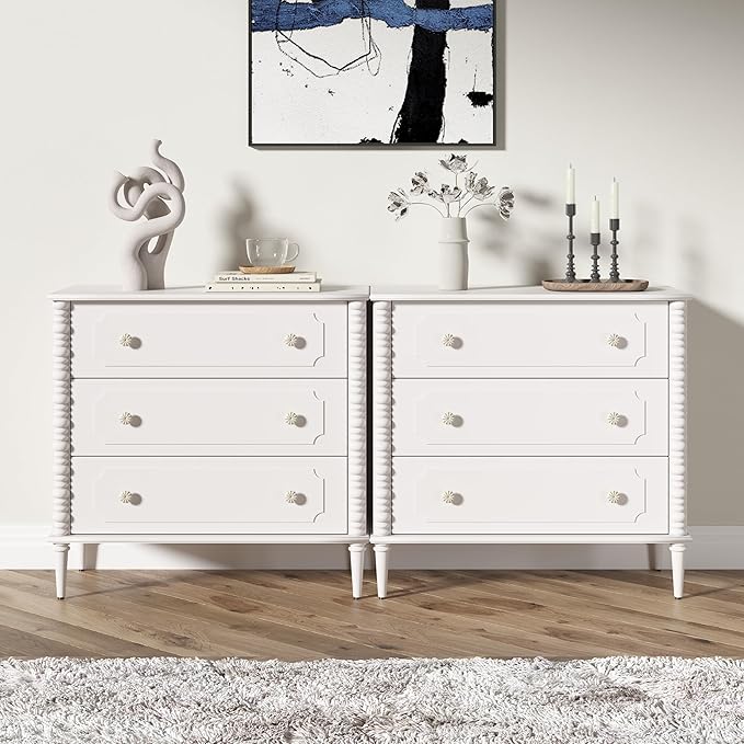 3 Drawer Dresser, 32 inch Wide Dresser for Bedroom, Modern Wood Chest of Drawers, Turned Legs Nightstand with 3 Drawers for Dorms, Hallway, Entryway (White)
