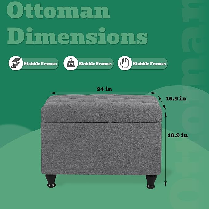 Ottoman with Storage 24'' Storage Ottomans Fabric Ottoman Footstools Small Upholstered Foot Rest Stool for Couch, Living Room, Bedroom, Entrance Shoe Bench Grey