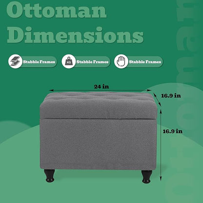 Ottoman with Storage 24'' Storage Ottomans Fabric Ottoman Footstools Small Upholstered Foot Rest Stool for Couch, Living Room, Bedroom, Entrance Shoe Bench Grey