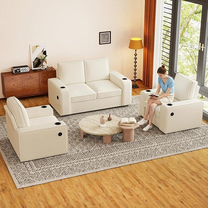 Furnimart 4-Seater Sectional Sofa and Couch Set Teddy Fabric, Loveseat & 2PC Chairs with USB Charger and Cup Holder, Small Living Room Furniture Set for Apartment, Tiny Homes and Lofts, 3PC-Beige