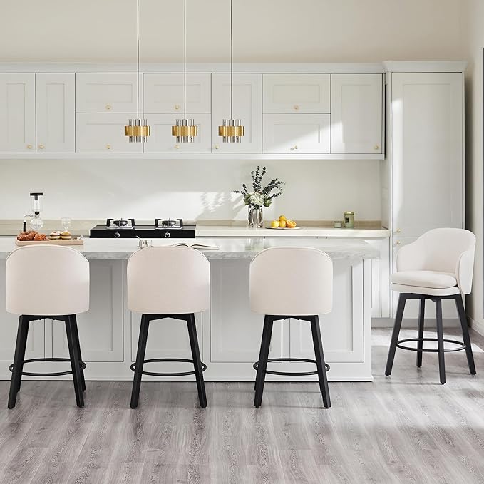 Counter Height Barstools 26 inch Upholstered Swivel Bar Stools with Back and Wood Legs for Kitchen Island,Set of 3,Beige Fabric
