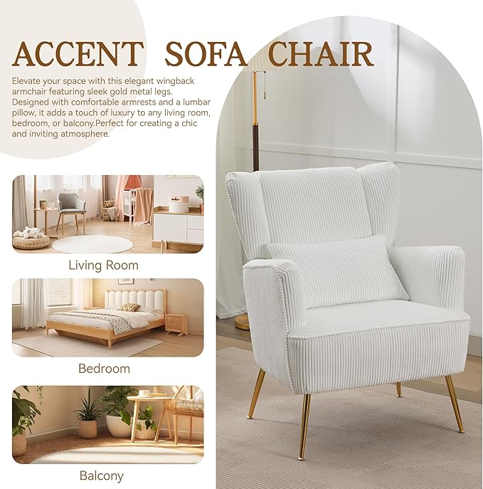 Living Room Chairs Corduroy Accent Armchair with Lumbar Pillow & Gold Leg, 8.5" Thick Cushion, Mid Century Modern High Wingback Bedroom Chairs Upholstered Comfy Sofa Arm Chair, White