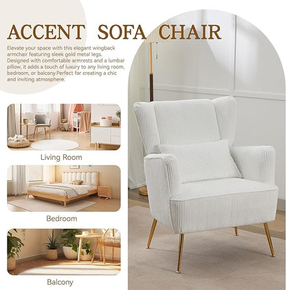 Living Room Chairs Corduroy Accent Armchair with Lumbar Pillow & Gold Leg, 8.5" Thick Cushion, Mid Century Modern High Wingback Bedroom Chairs Upholstered Comfy Sofa Arm Chair, White