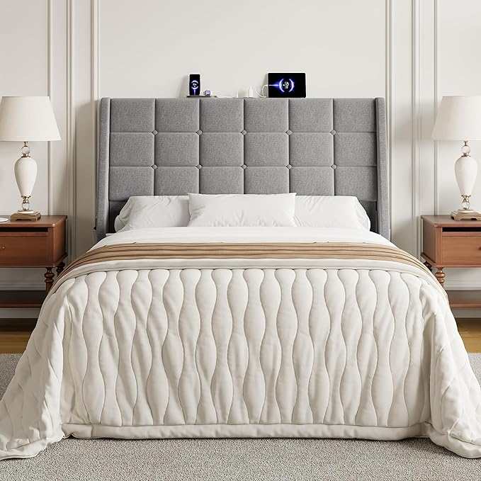Full Size Headboard with Charging Station, Ergonomic Upholstered Linen Headboards Only, Wingback Wood Bed Head Board with Storage Pocket, Bed Frame Adapters, Light Grey
