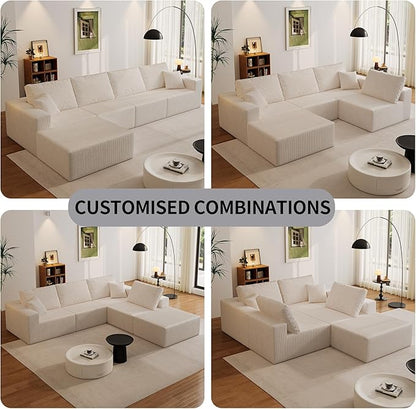 139" Boneless Cloud Sectional Couch for Living Room, Compressed Modular L-Shaped Sofa with Deep Seat, Frameless Corduroy Couch in Boxes, No Assembly Required 4-Seater (Left-Facing Chaise, Beige)