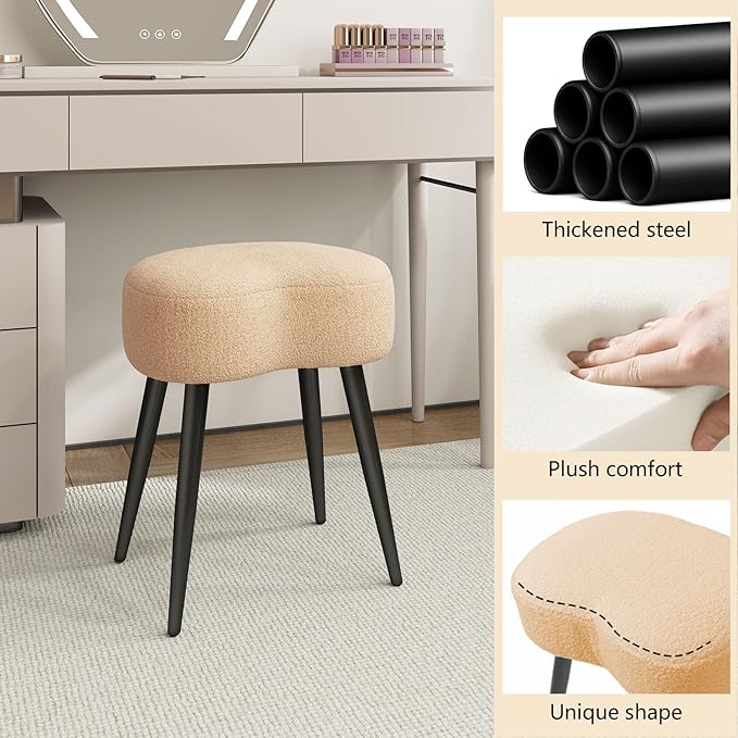 White Vanity Stool, Soft Makeup Stool with Solid Metal Legs for Vanity Corner, Morden Footrest Easy to Assembly（Camel）