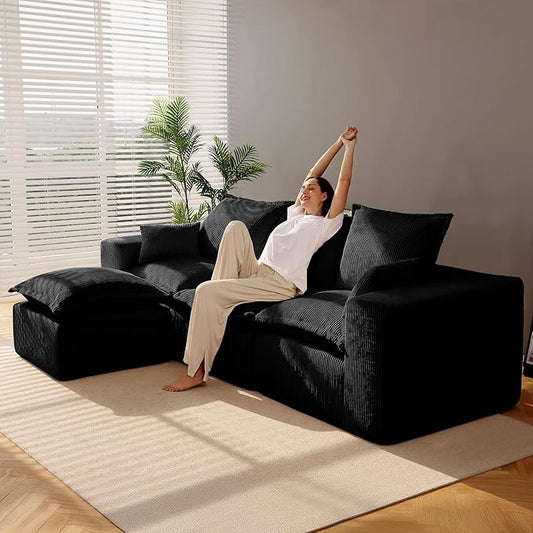 107" Comfy Cloud Couch with L-Shape Chaise & Deep Seat, Modular Sectional Sofa in a Box, Boneless Upholstered Couches for Living Room, No Assembly Required (Soft Corduroy, Black)