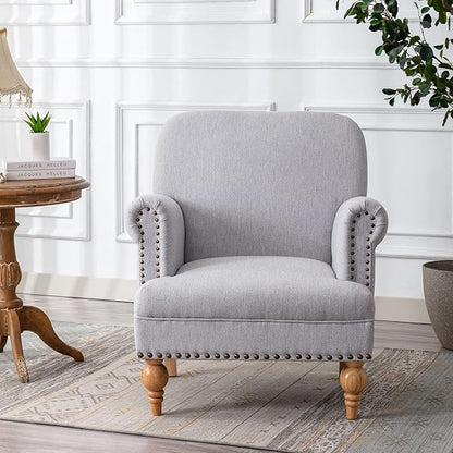 Linen Accent Chair Mid-Century Modern Living Room Armchair with Nailhead Trim & Wood Legs Comfy Upholstered Single Sofa Chair for Lounge/Bedroom/Reception, Grey