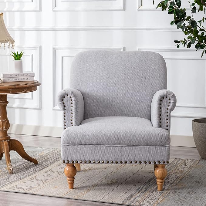 Linen Accent Chairs Set of 2 Mid-Century Modern Living Room Armchair with Nailhead Trim & Wood Legs Comfy Upholstered Single Sofa Chair for Lounge/Bedroom/Reception, Grey