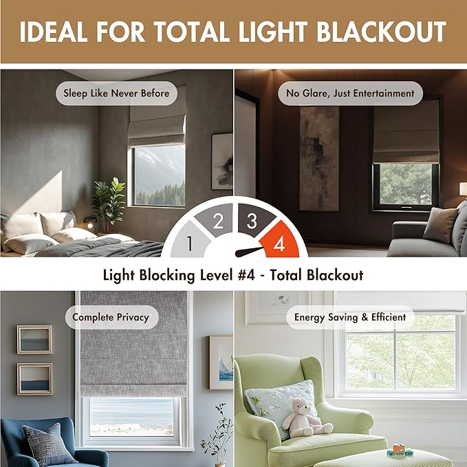 Madison Park Cordless Roman Shades, Total Blackout Window Blind Privacy Window Shades, Thermal Insulated Cordless Window Treatment for Bedroom, Living Room, Quincy, Single Panel 35" W X 64" H Grey