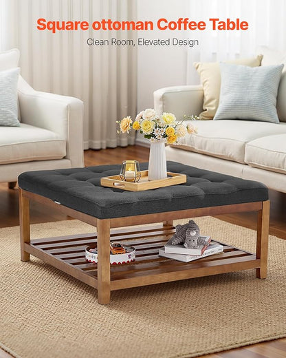 VEVOR Large Square Ottoman Coffee Table, 34.5 Inch Tufted Coffee Table with Solid Wood Shelf Storage, Linen Solid Upholstered Footrest Ottoman for Bedroom Living Room, 400 LBS, Dark Grey