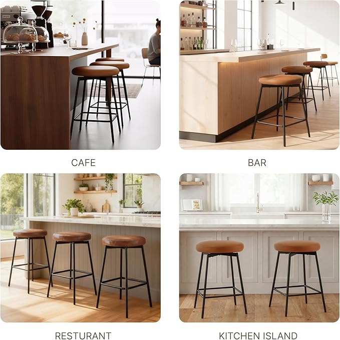 Swivel Bar Stools Set of 4, 24" Counter Height Bar Stool, Backless Barstools with Faux Leather Upholstered Seat&Sturdy Wood Legs for Kitchen Island, Beige