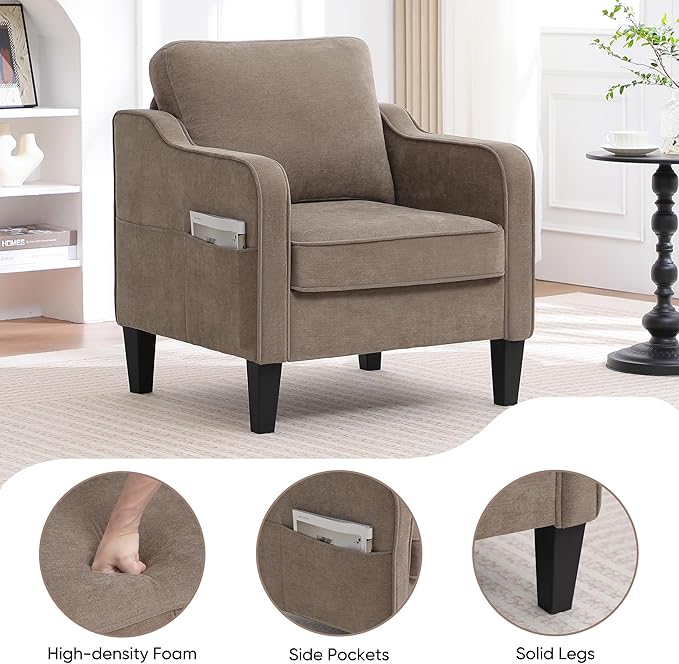Accent Chair for Living Room, Mid Century Modern Reading Chair for Bedroom, Upholstered Armchair with Side Pockets, Comfy Single Sofa Side Chair for Office, Apartment, Small Room, Brown