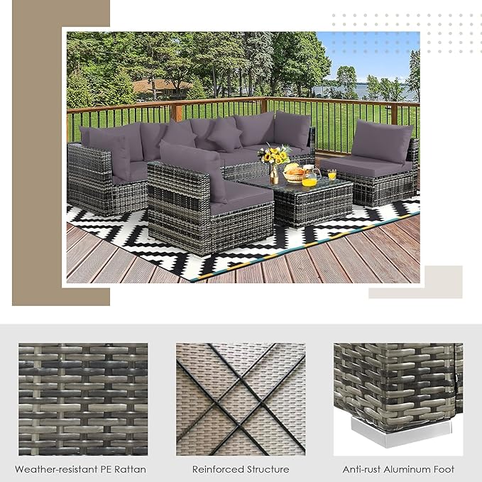 Tangkula 7 Pieces Patio Rattan Furniture Set, Patiojoy Outdoor Conversation Set with Cushions and Tempered Glass Coffee Table, All-Weather Sectional Sofa Set for Garden, Lawn, Backyard (Grey)