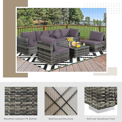 Tangkula 7 Pieces Patio Rattan Furniture Set, Patiojoy Outdoor Conversation Set with Cushions and Tempered Glass Coffee Table, All-Weather Sectional Sofa Set for Garden, Lawn, Backyard (Grey)