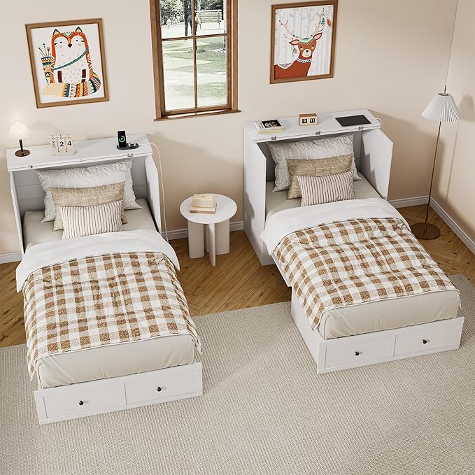 Twin Murphy Bed with Built-in Charging Station, Space-Saving Murphy Bed Chest Twin with Drawer, Foldable, for Home Office Guest Room Bedroom White