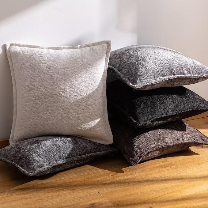 Black Decorative Throw Pillow Covers 20x20 Inch Set of 2 Cozy Soild Chenille Cushion Cases Soft Textured Square Couch Pillows Cover Boho Accent Farmhouse Pillowcases for Sofa Bed