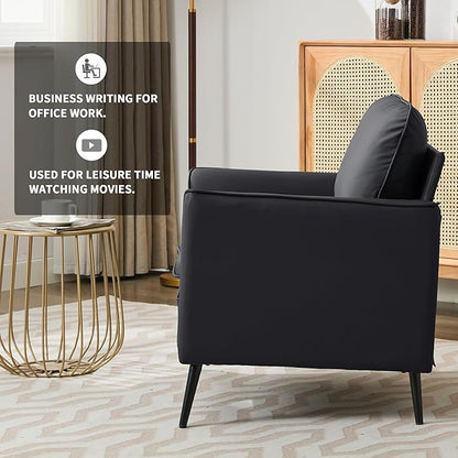 YISHENG Mid-Century Modern Living Room Accent Chairs Set of 2 - Oversized Faux Leather Armchairs with Removable Cushions & Metal Legs, Comfortable Sofas for Office/Lounge/Bedroom/Reception,（Black）