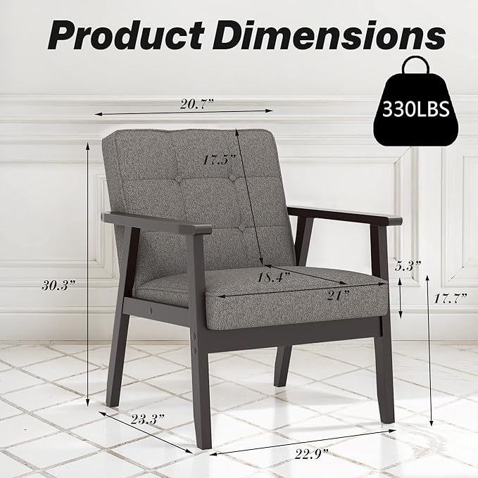 Modern Accent Chair with Arm Rest Set of 2, Upholstered Linen Fabric Leisure Chair Comfy Side Chair with Backrest Button and Wooden Frame for Living Room Bedroom Reading(Gray)