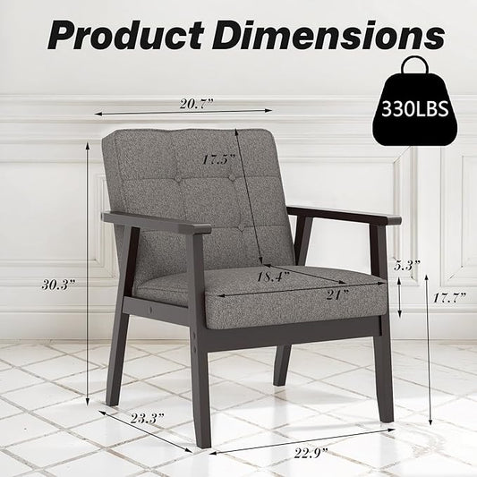 Modern Accent Chair with Arm Rest Set of 2, Upholstered Linen Fabric Leisure Chair Comfy Side Chair with Backrest Button and Wooden Frame for Living Room Bedroom Reading(Gray)