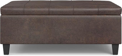 SIMPLIHOME Harrison 40 inch Wide Transitional Square Large Coffee Table Storage Ottoman in Distressed Brown Vegan Faux Leather, Assembled, for The Living Room and Bedroom