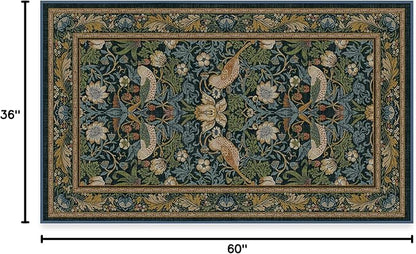 RUGGABLE x Morris & Co Washable Area Rug – Strawberry Thief Indigo 3x5, Stain-Resistant, Non-Slip – Small Machine Washable Rugs for Living Room, Bedroom, Hallway, Entryway & Office–with Standard Pad