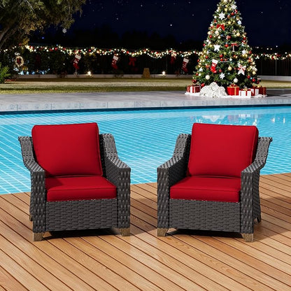 Patio 2 Pieces Wicker Chairs Set of 2，Outdoor PE Rattan Armchairs, Water-Resistant Cushions with Removable and Washable Covers, Porch, Balcony, Sunroom (Red)