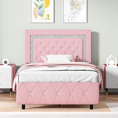 BarnFurin Twin Bed Frame with Headboard, Faux Leather Upholstered Bed with Diamond Tufted Design, Princess Twin Bed Frames for Kids, No Box Spring Required, Easy Assembly, Pink