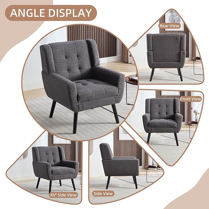 Dolonm Midcentury Modern Teddy Accent Chair with Arms, Upholstered Reading Side Chair Tufted Back Decorative Wingback Chair for Living Room Bedroom (Grey)