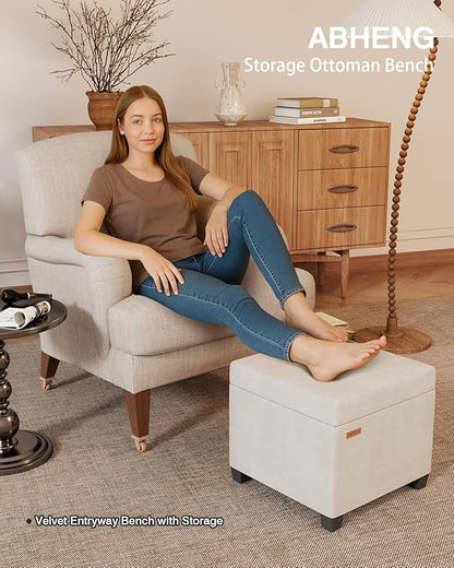 17.7 inches Velvet turfed Ottomans Cube with Storage, Metal-Framed Square Linen Storage Ottoman Foot Rest Stool Holds 770 LB for Dorm Living Room Bedroom White UASND64W